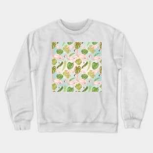 Hand drawn pink flamingo and monstera leaves. Seamless pattern Crewneck Sweatshirt